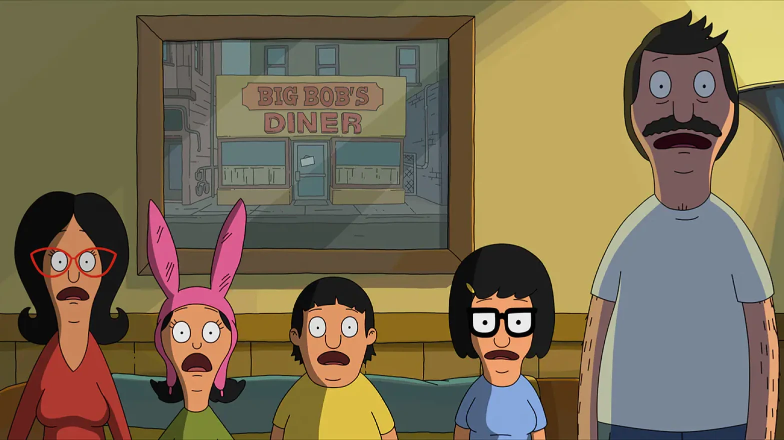 The Belcher family from Bob's Burgers is seen all standing in a line facing out of the screen. They all wear the same shocked expression.